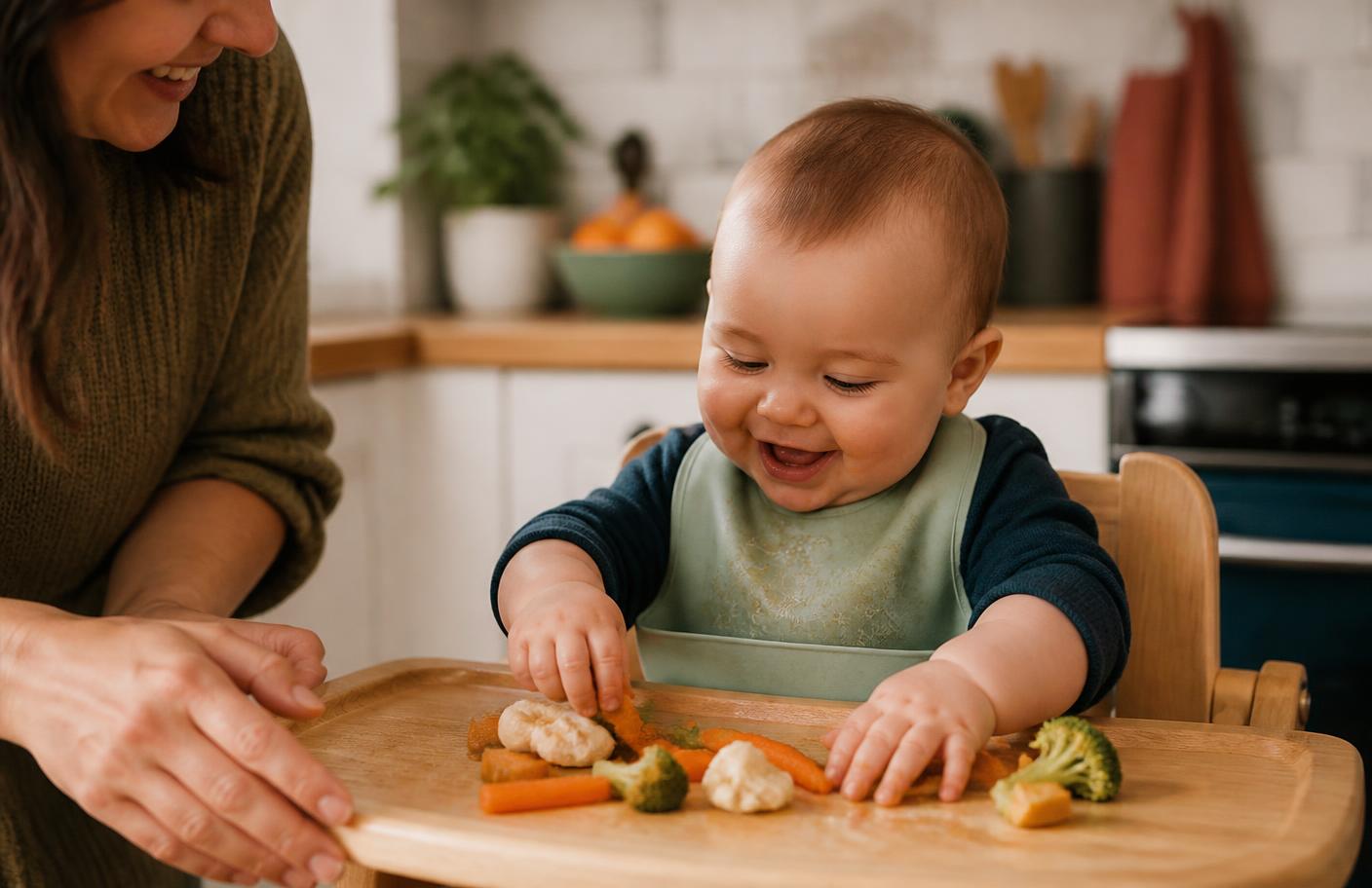 Bebê em cadeira de alimentação explorando pedaços de fruta com as mãos